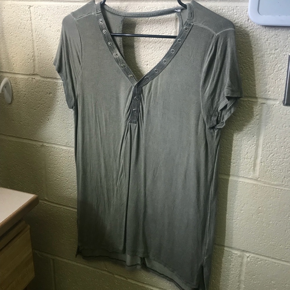 Olive button up v neck, open back